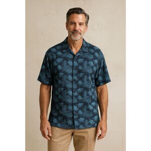 Nat Nast Luxury Blue Print Short Sleeve Silk Button Up Shirt   Men’s Size Large